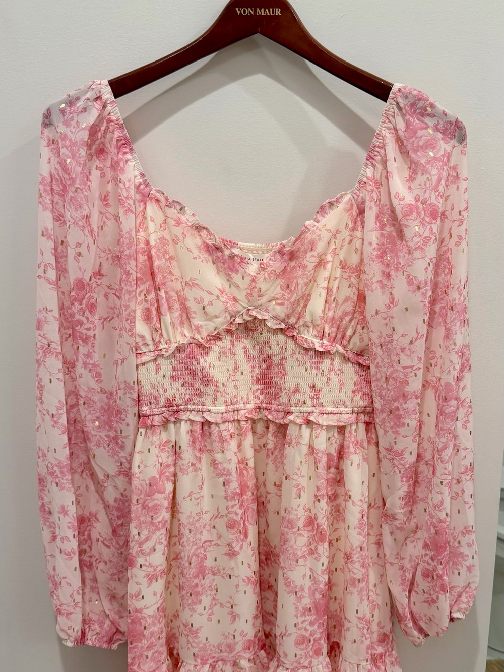 Altar’d State Pink Floral Gold Foil Smocked Mini Dress